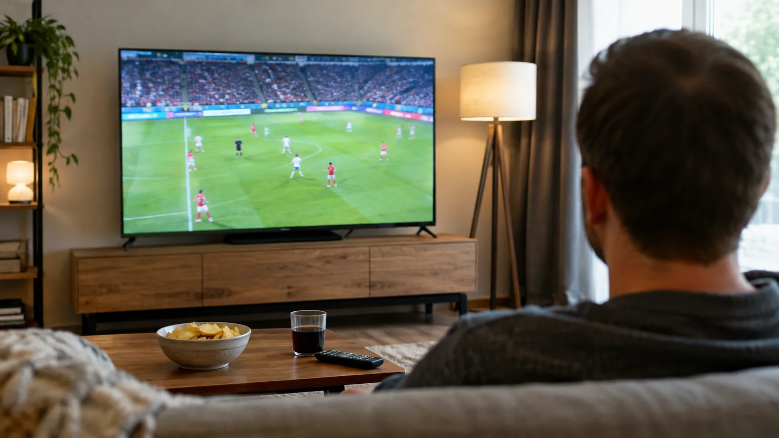 Eine Person sitzt auf einem Sofa vor einem Fernseher, auf dem ein Fußballspiel zu sehen ist.